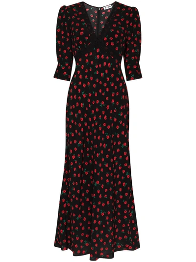 Rixo London Gemma Lace-trimmed Floral-print Crepe Midi Dress In Black And Red