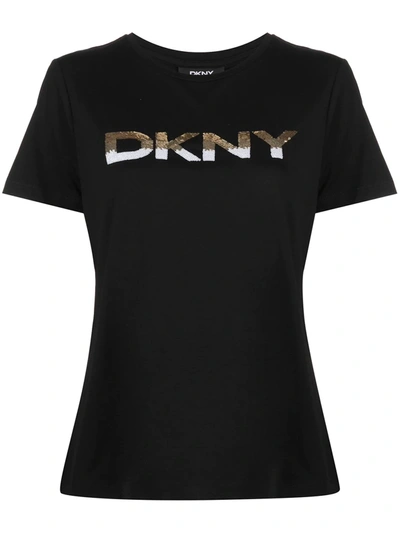 Dkny Ombre Sequin Logo T-shirt In Black/gold