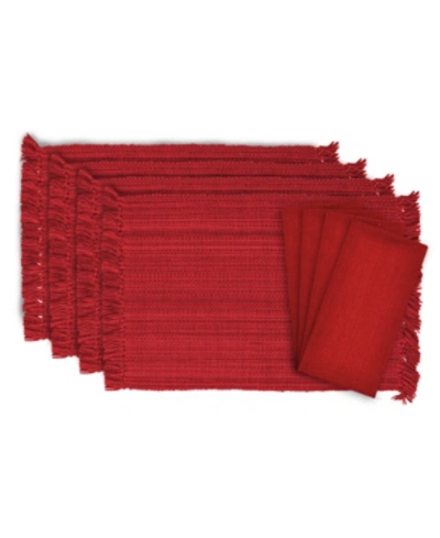 Design Imports Variegated Fringe Placemat And Napkin, Set Of 8 In Red