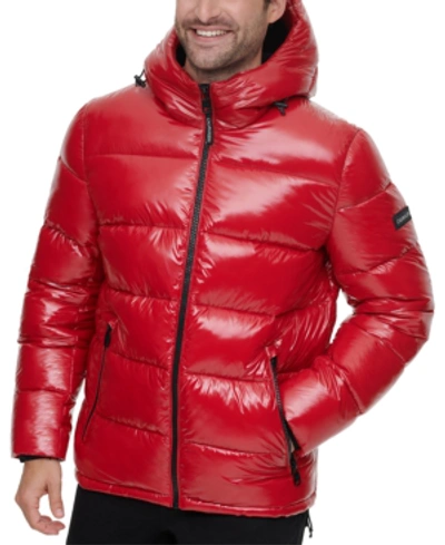 Calvin Klein Men's High Shine Hooded Puffer Jacket In Deep Red