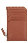Royce New York Monogrammed Zippered Leather Credit Card Case In Tan