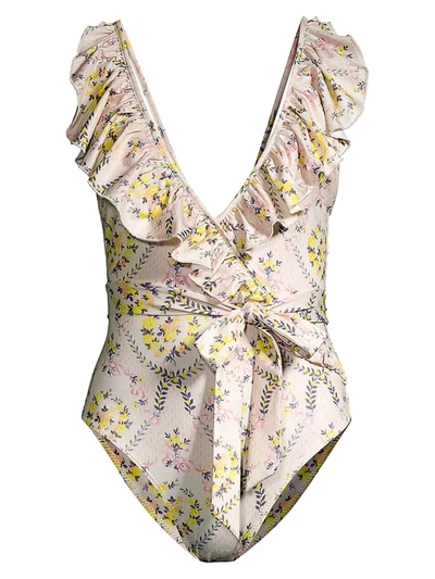 Loveshackfancy Women's Jasper Floral Ruffle Plunging One-piece Suit In Lemon Dream