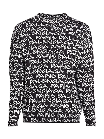 Balenciaga Men's Logo Intarsia Knit Sweater In Black White
