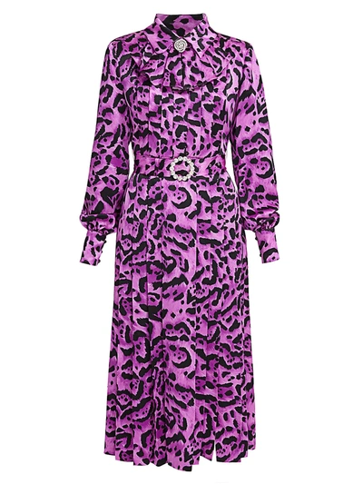 Alessandra Rich Women's Leopard Print Pleated Satin Midi Dress In Fuchsia