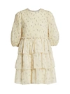 Ganni Floral Pleated Georgette Babydoll Dress In Egret