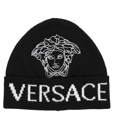 Versace Kids' Medusa Head Intarsia-knit Hat In 黑色