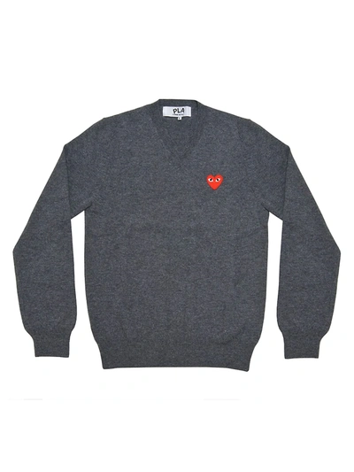 Comme Des Garçons Play Double Heart Play V-neck Sweater In Grey