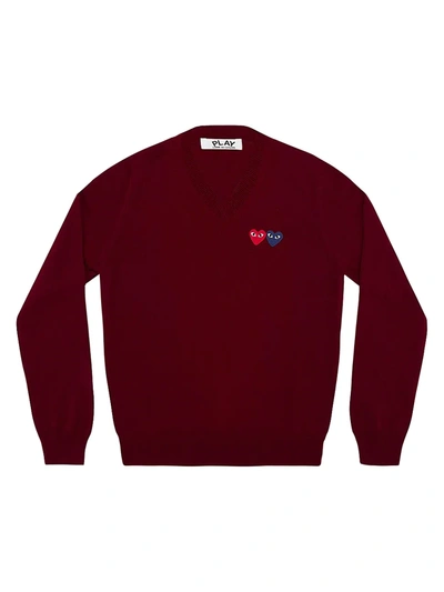 Comme Des Garçons Play Double Heart Play V-neck Sweater In Burgundy