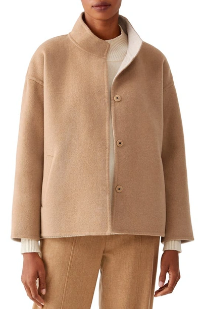 Eileen Fisher Stand Collar Boxy Wool & Cashmere Coat In Honey