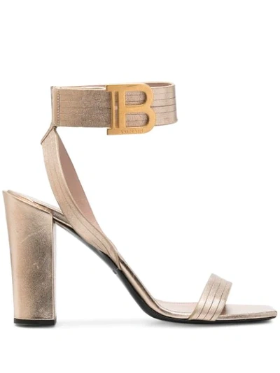 Balmain Stella Sandal In Platinum Laminated Leather In Gold