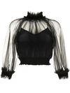 Alice And Olivia Alexia Cropped Velvet-trimmed Ruffled Chiffon Blouse In Black