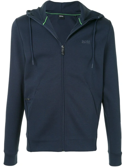 Hugo Boss Zip-up Drawstring Hoodie In Blue