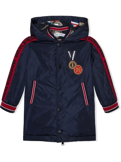 Dolce & Gabbana Kids' Long Nylon Jacket With Medal Patch In Blue