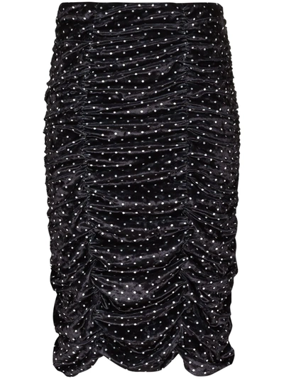 Ganni Polka Dot Ruched Velvet Skirt In Black