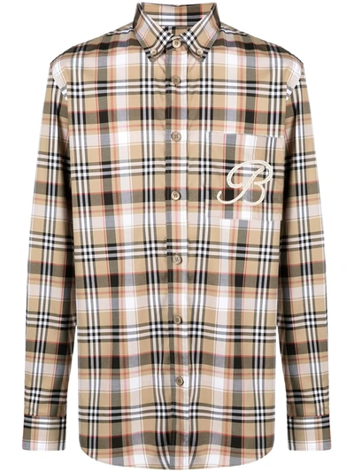 Burberry Embroidered B Motif Stretch Cotton Shirt In Neutrals