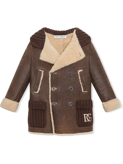 Dolce & Gabbana Kids' Double-breasted Shearling Coat With Knit Inserts In Brown