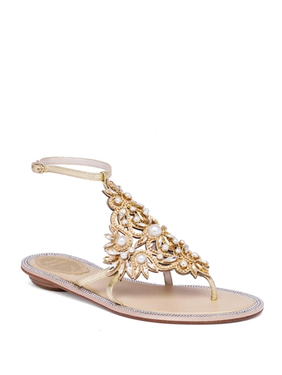 René Caovilla Embellished Metallic Snakeskin Sandals In Gold
