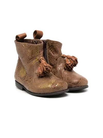 Pèpè Kids' Metallic Snake Print Ankle Boots In Brown