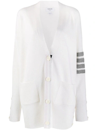 Thom Browne Tonal 4-bar Stripe V-neck Cardi-coat In White