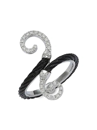 Alor 18k White Gold, Blacktone Stainless Steel Cable & Diamond Ring