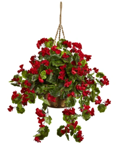 Nearly Natural Geranium Uv-resistant Indoor/outdoor Hanging Basket In Red