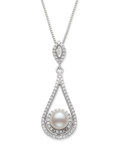 Macy's Cultured Freshwater Pearl 6.5-7mm And Cubic Zirconia Drop Pendant In Sterling Silver With 18" Chain In White
