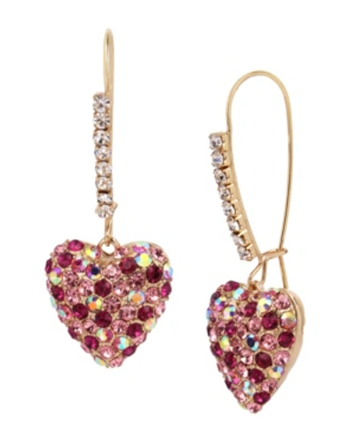 Betsey Johnson Pave Heart Dangle Earrings In Pink