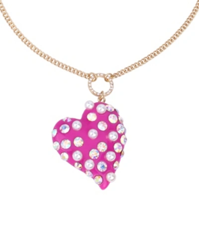 Betsey Johnson Pearl Heart Pendant Long Necklace In Pink