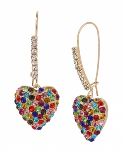 Betsey Johnson Pave Heart Dangle Earrings In Multi
