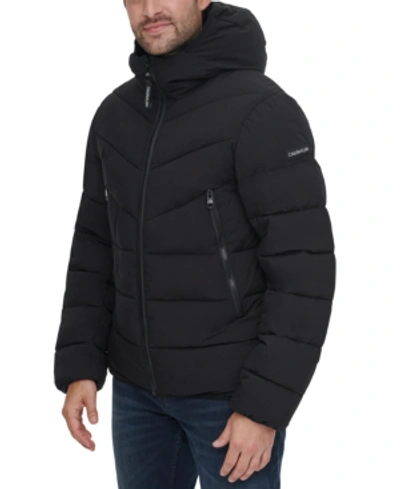 Calvin Klein Men's Stretch Chevron-quilted Hooded Jacket With Faux-fur Trim In Ebony