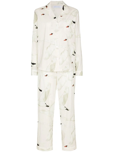 Desmond & Dempsey Swan Print Cotton Pyjama Set In White