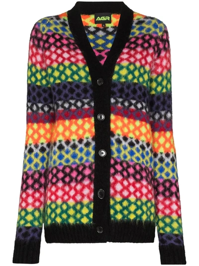 Agr Stripe Diamond Pattern Knitted Cardigan In Black