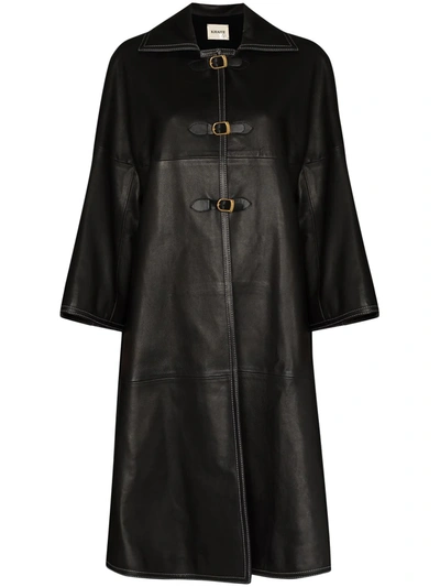 Khaite A-line Buckle-strap Leather Coat In Black