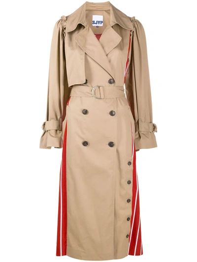 Sjyp Stripe-panel Ruffle Trench Coay In Neutrals