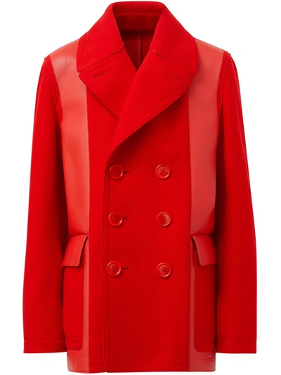 Burberry Leather-panel Peacoat In Red