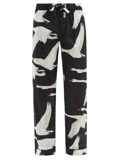 Desmond & Dempsey Swan-print Organic-cotton Pyjama Trousers In Black