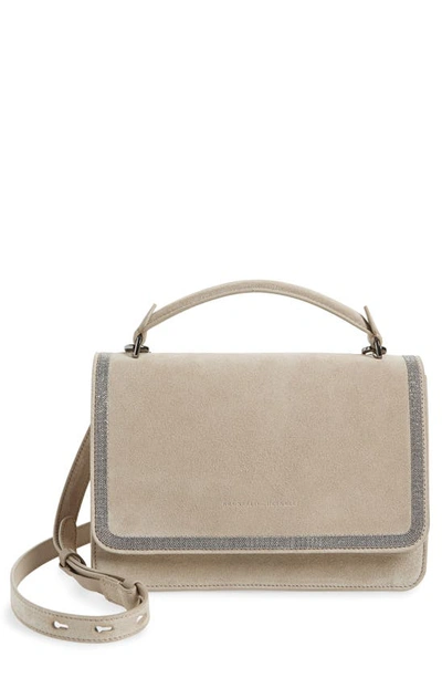 Brunello Cucinelli Monili Trim Suede Crossbody Messenger Bag In C8193 Ice