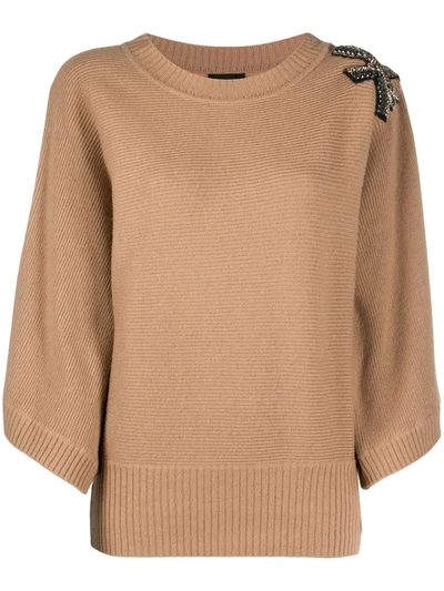 Liu •jo Loose Rhinestone Brooch Jumper In Neutrals