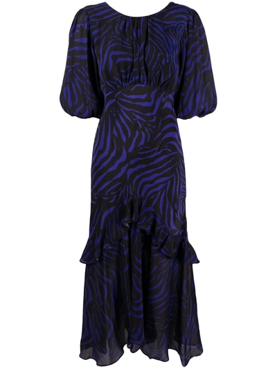 Rixo London Zebra-print Ruffled Silk Dress In Blue