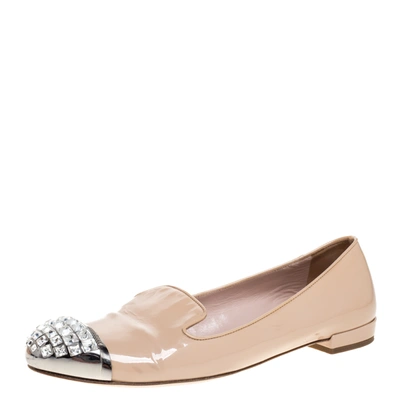 Pre-owned Miu Miu Beige Patent Leather Crystal Embellished Cap Toe Smoking Slippers Size 37.5