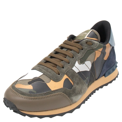 Pre-owned Valentino Garavani Army Green Fabric And Leather Camouflage Rockrunner Sneakers Size 42 In Multicolor