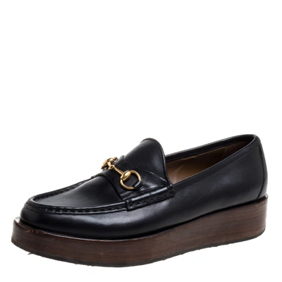 Pre-owned Gucci Black Leather Horsebit Wooden Platform Loafers Size 38.5