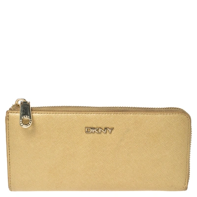 Pre-owned Dkny Metallic Beige Leather Zip Around Wallet