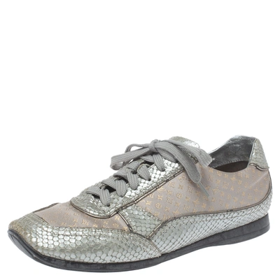 Pre-owned Louis Vuitton Silver/beige Monogram Fabric And Python Lace Low Top Sneakers Size 38.5
