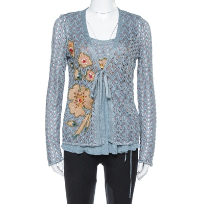 Pre-owned Missoni Grey Lurex Knit Crystal Embellished Top And Cardigan Set L