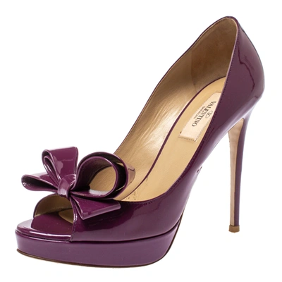 Pre-owned Valentino Garavani Purple Patent Leather Couture Bow Peep Toe Platform Pumps Size 37.5
