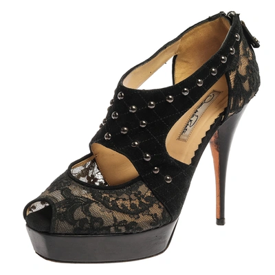 Pre-owned Oscar De La Renta Black Lace And Suede Platform Studded Peep Toe Zipper Sandals Size 38