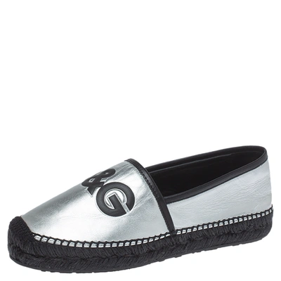 Pre-owned Dolce & Gabbana Silver/black Leather I Love Dg Print Espadrille Flats Size 41