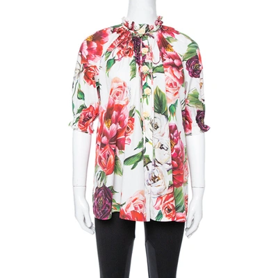 Pre-owned Dolce & Gabbana White Peony Printed Cotton Ruched Detail Oversized Blouse S
