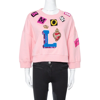 Pre-owned Dolce & Gabbana Pink Knit Amore Applique Cropped Sweatshirt S